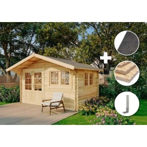 Alpholz Gartenhaus Set Gabriel 438x367cm Naturbelassen 28mm Wandstärke inkl. Boden & Dacheindeckung