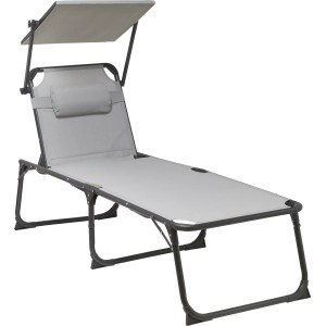 Hellgrauer Liegestuhl Mocoa mit Aluminiumgestell und Sonnendach für Camping & Garten.