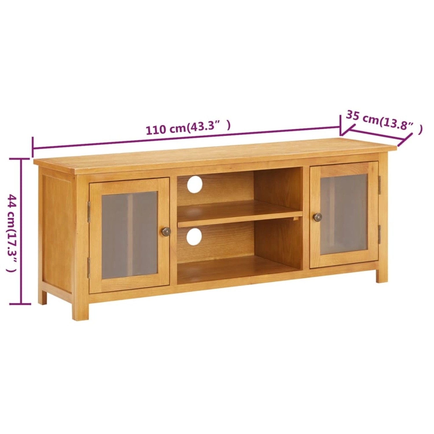 TV-Schrank aus Eiche, 110x35x44 cm, mit zwei Türen und offenen Fächern für Wohnzimmer.