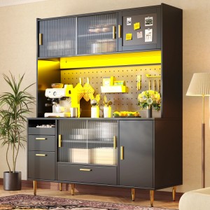Schwarzer Merax Buffetschrank 180cm mit gelber LED-Beleuchtung, Glas-Schiebetüren, Schubladen & Lochwand.
