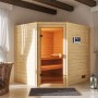 Karibu Sauna Elea Set, naturbelassene Massivholzsauna mit Ofen und externer Steuerung.