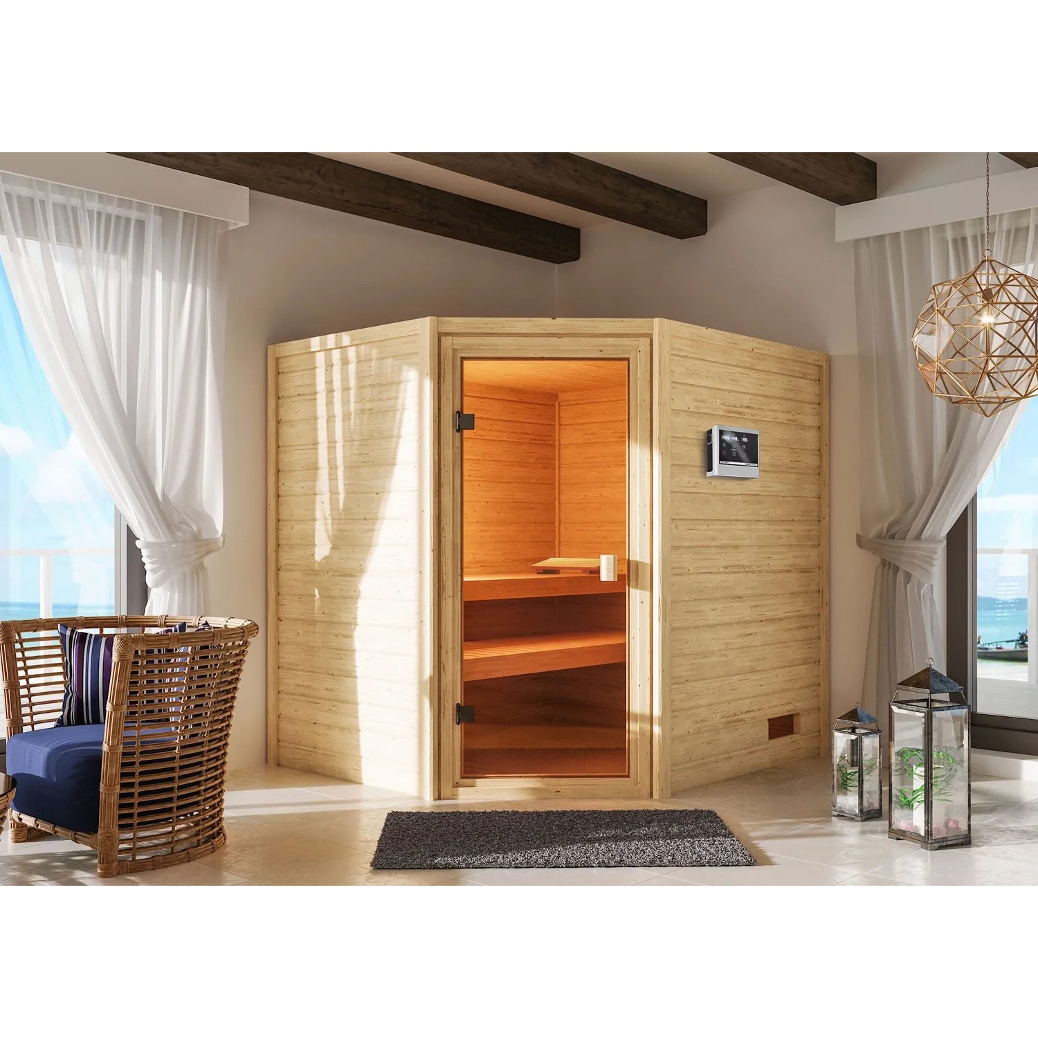 Karibu Sauna Elea Set, naturbelassene Massivholzsauna mit Ofen und externer Steuerung.