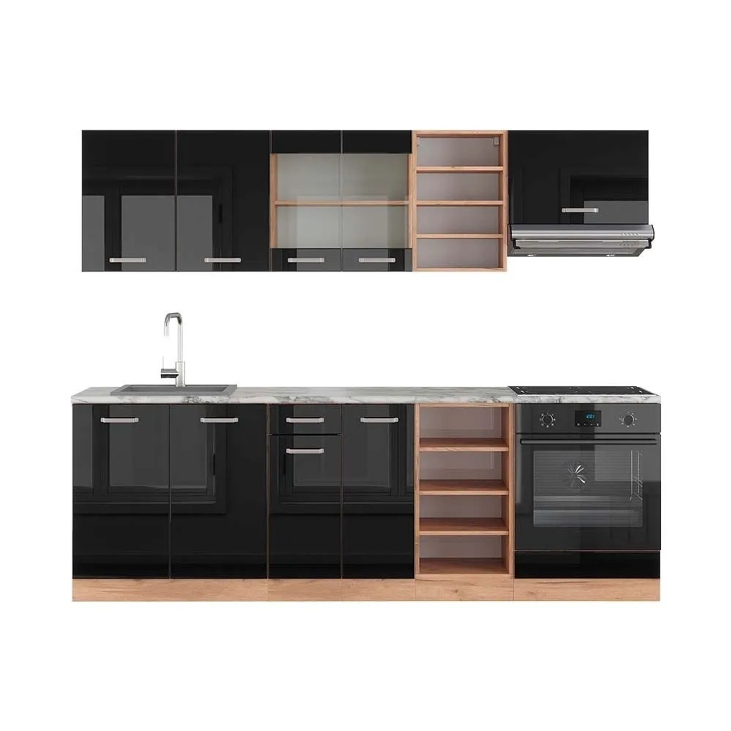 Vicco R-Line Küchenzeile Schwarz Hochglanz Goldkraft Eiche 240 cm AP Marmor ohne E-Geräte