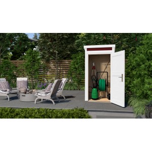 WEKA Gartenhaus 367 Schwedenrot (102x95cm) mit geöffneter Tür und Gartengeräten.