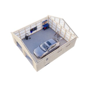 Palmako Garage Andre: Doppelgarage aus unbehandeltem Holz mit Auto, Werkbank und Leiter.