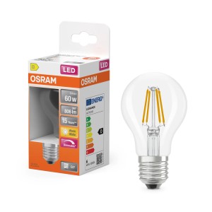 Osram LED E27 Glühbirne, 5,9W, 806lm, warmweiß, dimmbar, klar. Verpackung und Produkt.