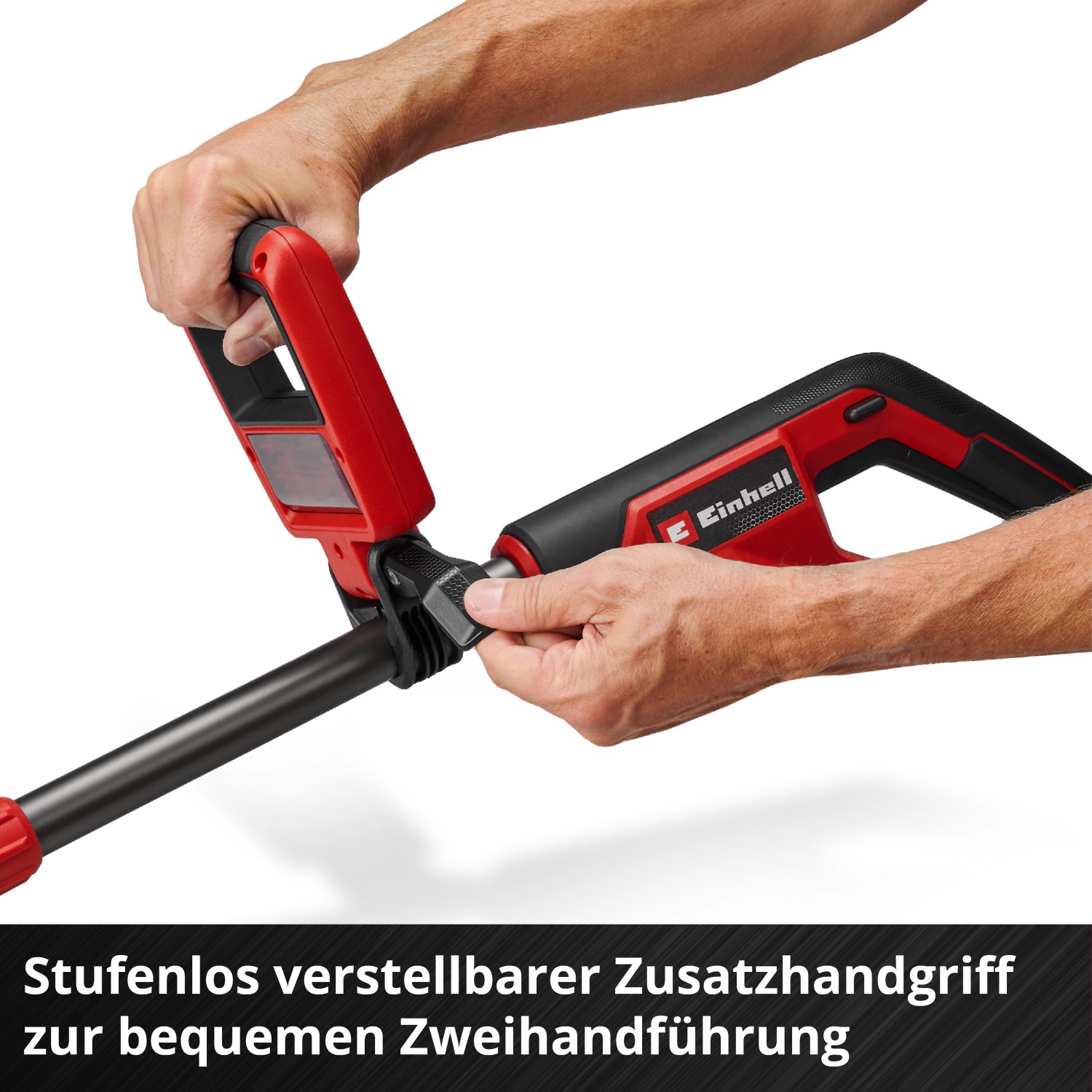 Einhell Akku-Rasentrimmer: Verstellbarer Zusatzhandgriff für komfortable Zweihandbedienung.