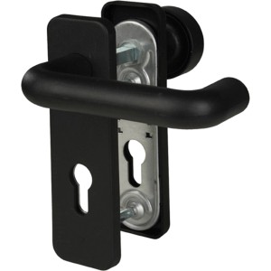 Schwarze Feuerschutz Kurzschild-Garnitur aus Nylon für Wohnungseingangstüren mit Knopf und Drücker.