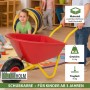 Rote TRUTZHOLM Kinderschubkarre mit gelbem Gestell und Vollgummirad. Ideal für Spiel & Spaß im Garten.