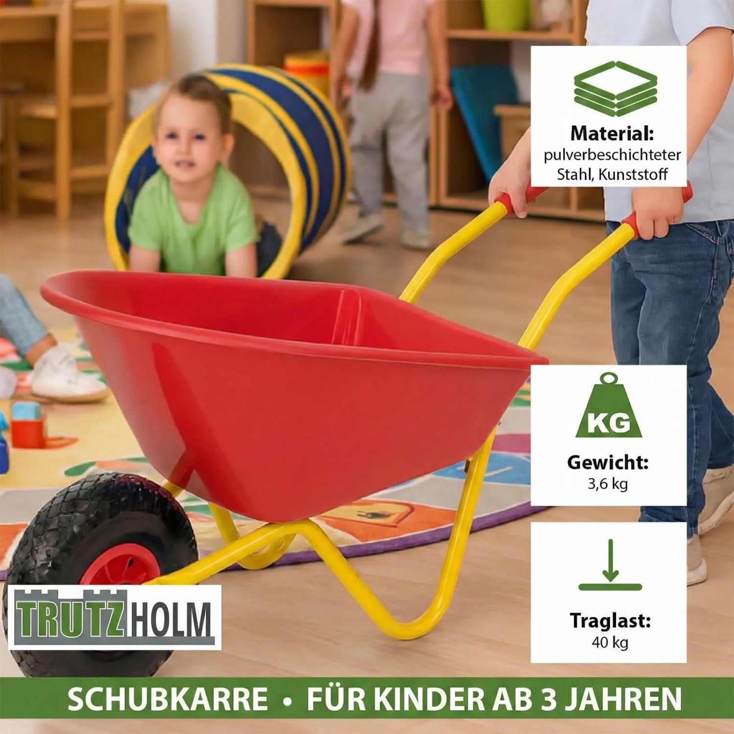 Rote TRUTZHOLM Kinderschubkarre mit gelbem Gestell und Vollgummirad. Ideal für Spiel & Spaß im Garten.
