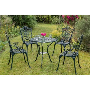 Grünes 5-teiliges Gartenmöbel-Set Lugano mit filigranen Ornamenten, bestehend aus Tisch und vier Stühlen.