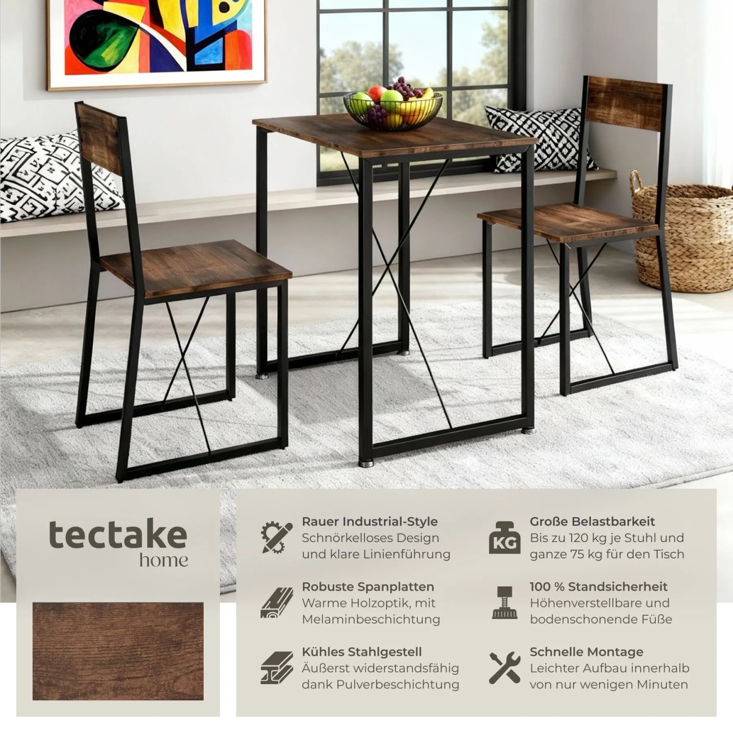 Tectake Sitzgruppe Margate 3 Teilig Esstisch Mit 2 Stühlen  138 x 80 x 90 cm Industrial Holz Dunkel  Rustikal_2