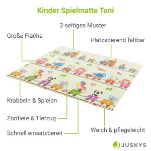 Juskys Kinder Spielmatte Toni 180x200 cm mit Zoo- und Zugmotiven, ideal zum Krabbeln und Spielen.