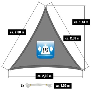 Graues, dreieckiges AMANKA HDPE Sonnensegel (2x2x2m) mit 220 g/m² Stoffgewicht und Seilen zur Befestigung.