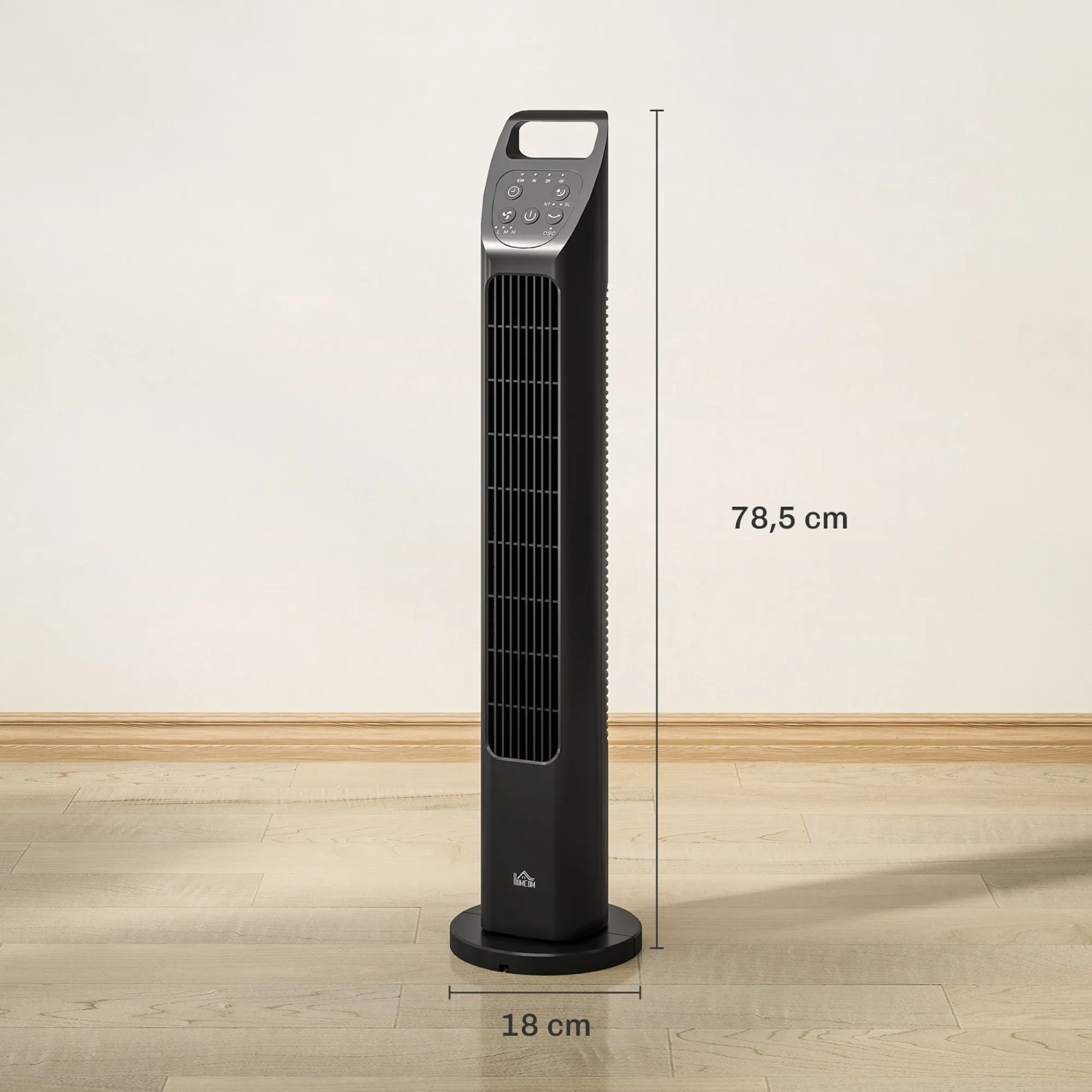 Schwarzer HOMCOM Turmventilator mit Fernbedienung, 78,5 cm hoch, für Zuhause und Büro.