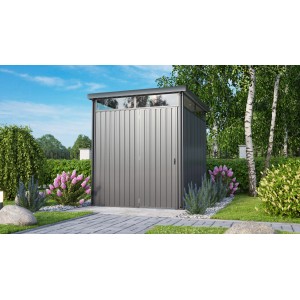 Anthrazitfarbenes Pergart Gerätehaus Rheinfelden 78 aus Metall mit Pultdach und Fensterband.