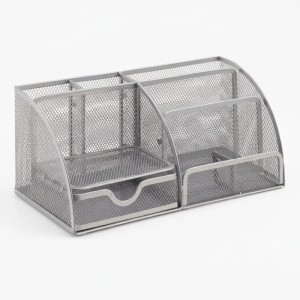 Silberner Metall-Schreibtischorganizer mit Drahtgeflecht, mehreren Fächern und ausziehbarer Schublade für Büro.