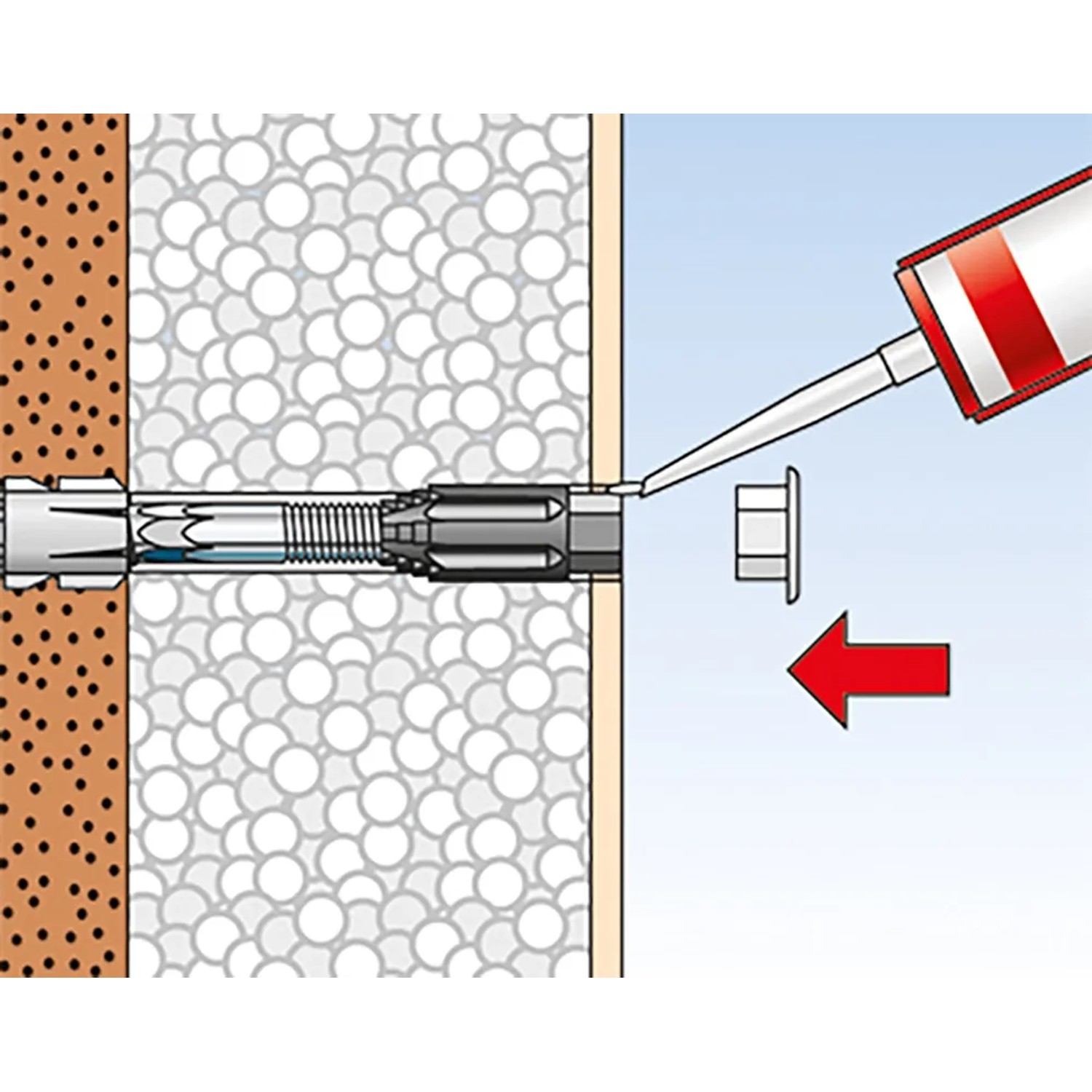 Abstandsmontagesystem Thermax 10/140: Dübel wird in gedämmte Fassade montiert.