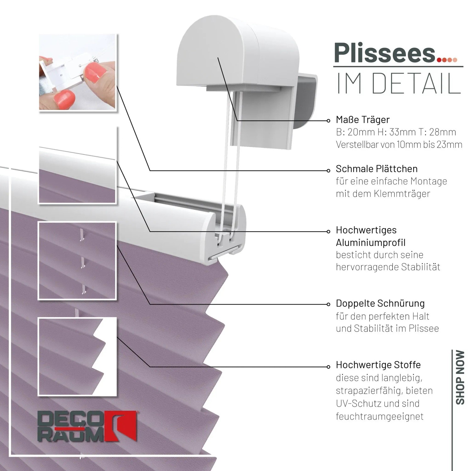 Detailansicht: Fliederfarbenes Plissee 90x210 cm mit Klemmfix-System für Fenster, Dekoartikel.