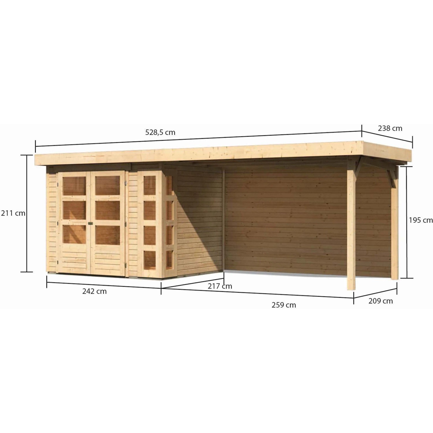 Karibu Holz-Gartenhaus Sölve Natur, unbehandelt, mit Flachdach und Anbau, Maße: 238x213 cm.