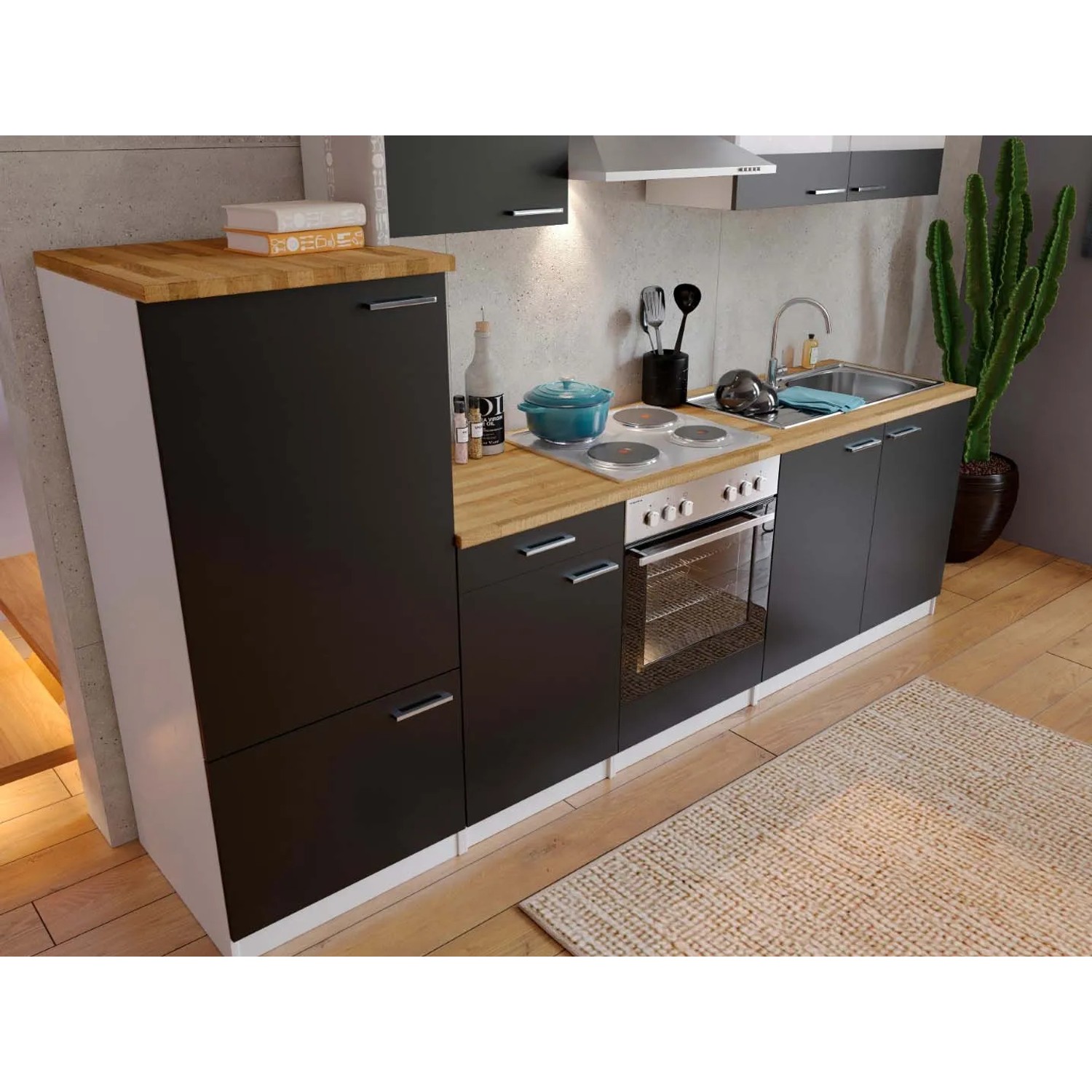 Respekta Küchenzeile 270 cm in Schwarz-Weiß mit Nussbaum Arbeitsplatte und Edelstahlgriffen.