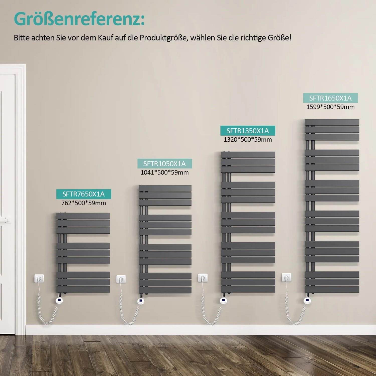Emke Badheizkörper elektrisch in Anthrazit, verschiedene Größen als Größenreferenz dargestellt.