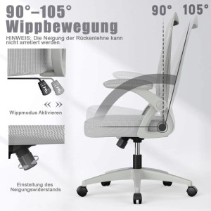 Rattantree Ergonomischer Drehstuhl mit Klapparmlehnen Höhenverstellbar Mesh Rückenlehne Grau