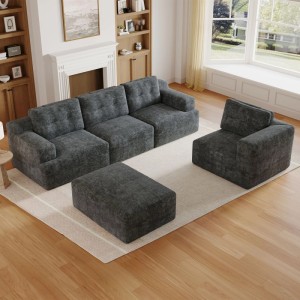 Graues Merax Modulsofa aus Chenille, flexibel als L-Form mit Hocker. Komfortable Sitzgruppe.