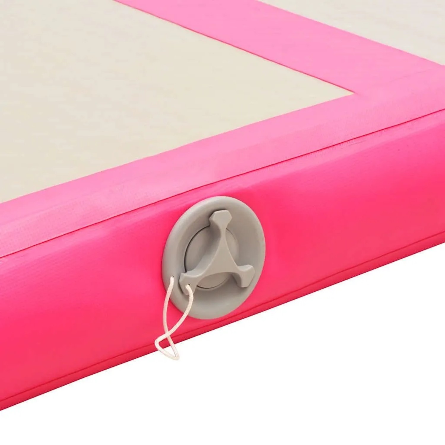 Rosa aufblasbare Gymnastikmatte aus PVC mit grauem Luftventil und heller Oberfläche.