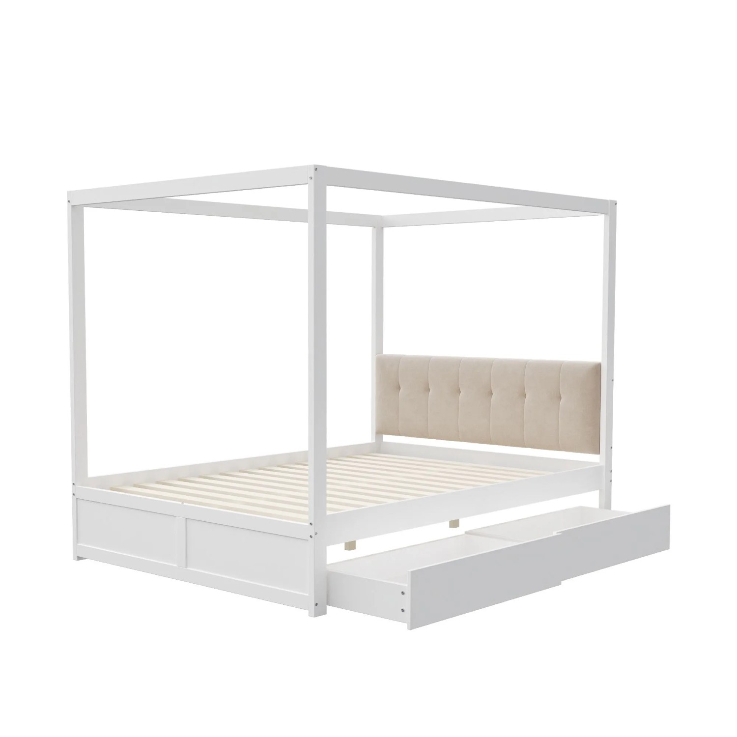 okwish Himmelbett 140x200cm mit Schubladen Rückenlehne Schlafzimmer Weiß ohne Matratze