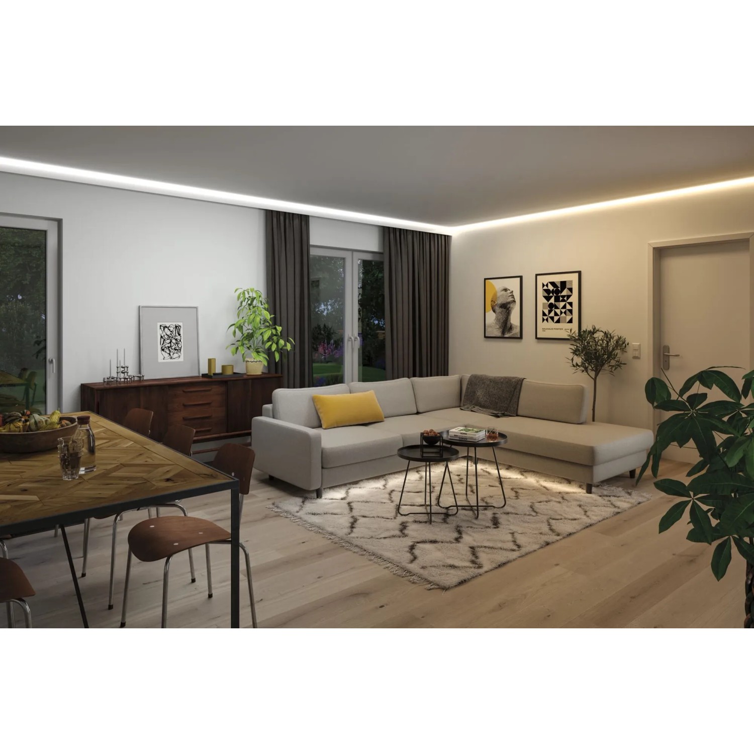 Wohnzimmer mit indirekter Beleuchtung durch Paulmann LED-Strip MaxLED RGBW an der Decke.