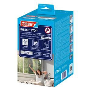 Verpackung des tesa Insect Stop 2in1 Pollen- und Fliegengitters in Anthrazit.