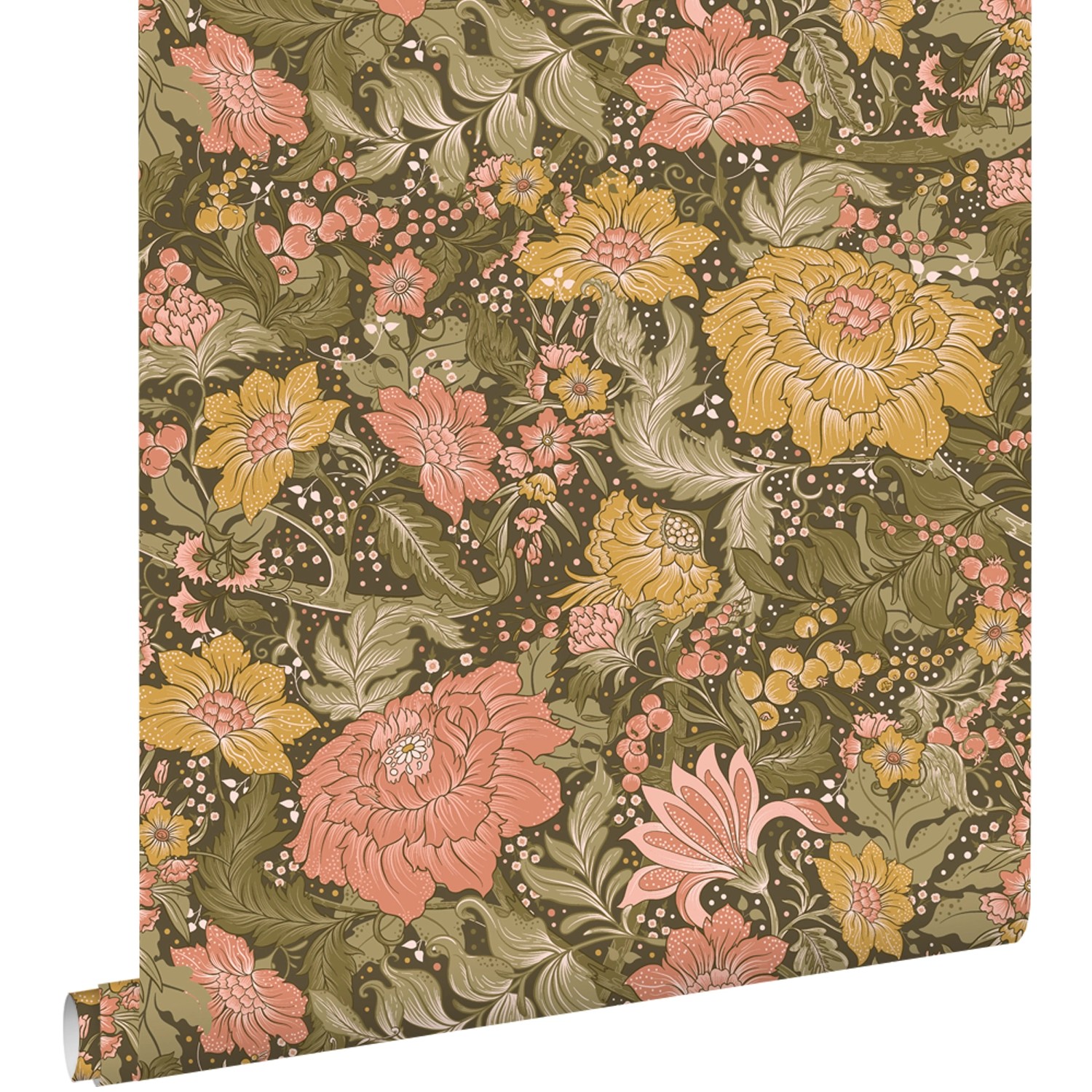 ESTAhome Tapete Blumenmuster Olivgrün Rosa und Ockergelb 50 x 900 cm günstig online kaufen