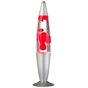 Halogen Lava-Leuchte in Rot-Klar mit silbernem Fuß. Dekorative Tischlampe für stimmungsvolles Licht.