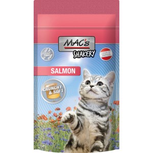 Mac's Shakery Salmon Katzensnack, 60g Packung mit Katze auf der Vorderseite.