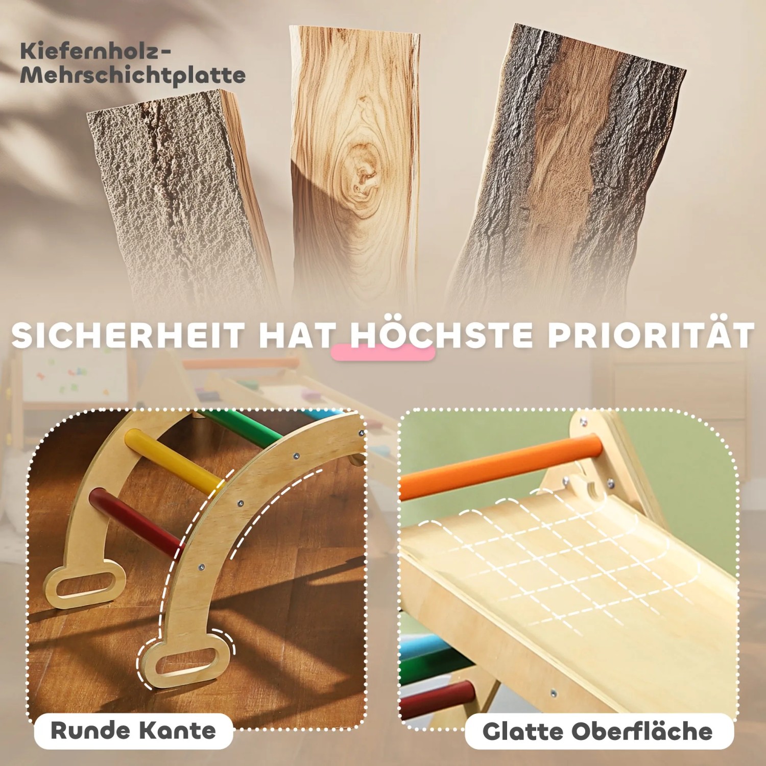 Detailansicht: AIYAPLAY Klettergerüst Set mit Rutsche, Holzstruktur und Sicherheitshinweis.