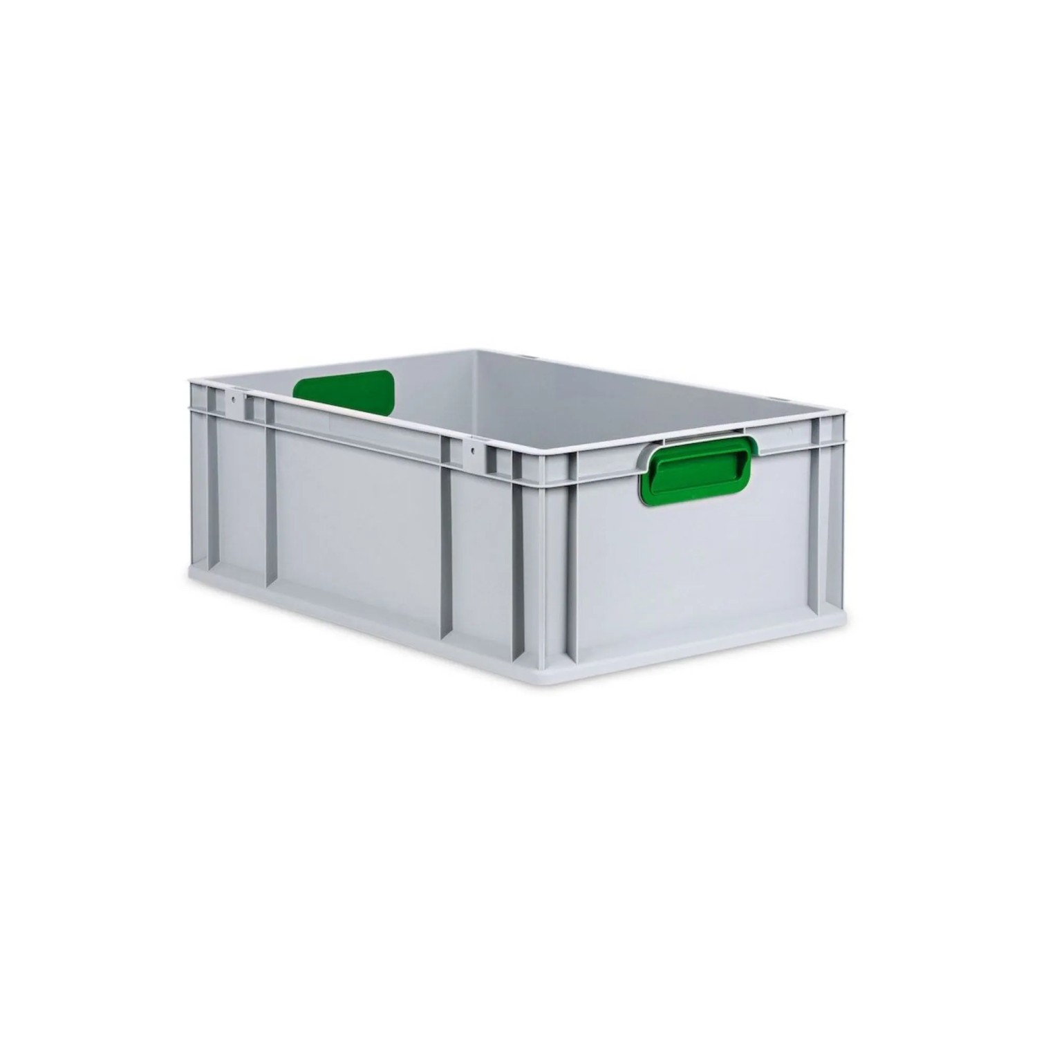 Graue PROREGAL Eurobox mit grünem Griff, Auflagedeckel und Schiebeschnappverschlüssen. Ideal zur Aufbewahrung.