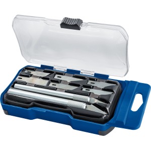 LUX Präzisionsmesser-Set Classic, 10-teilig im blauen Kunststoffkoffer mit transparentem Deckel.