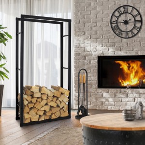 Schwarzes, rechteckiges ML-Design Kaminholzregal (80x150x25 cm) aus Metall für Innen und Außen.