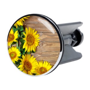 Sanilo Waschbeckenstöpsel Sunflower mit gelben Sonnenblumen auf Holzoptik.