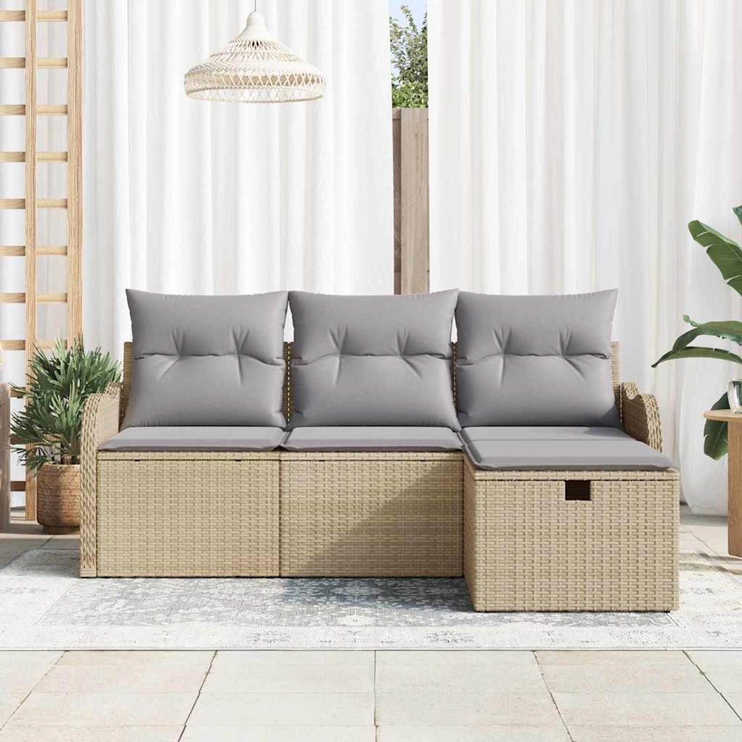 Beiges 4-tlg. vidaXL Garten-Sofa-Set aus Polyrattan mit Kissen und Stauraum.
