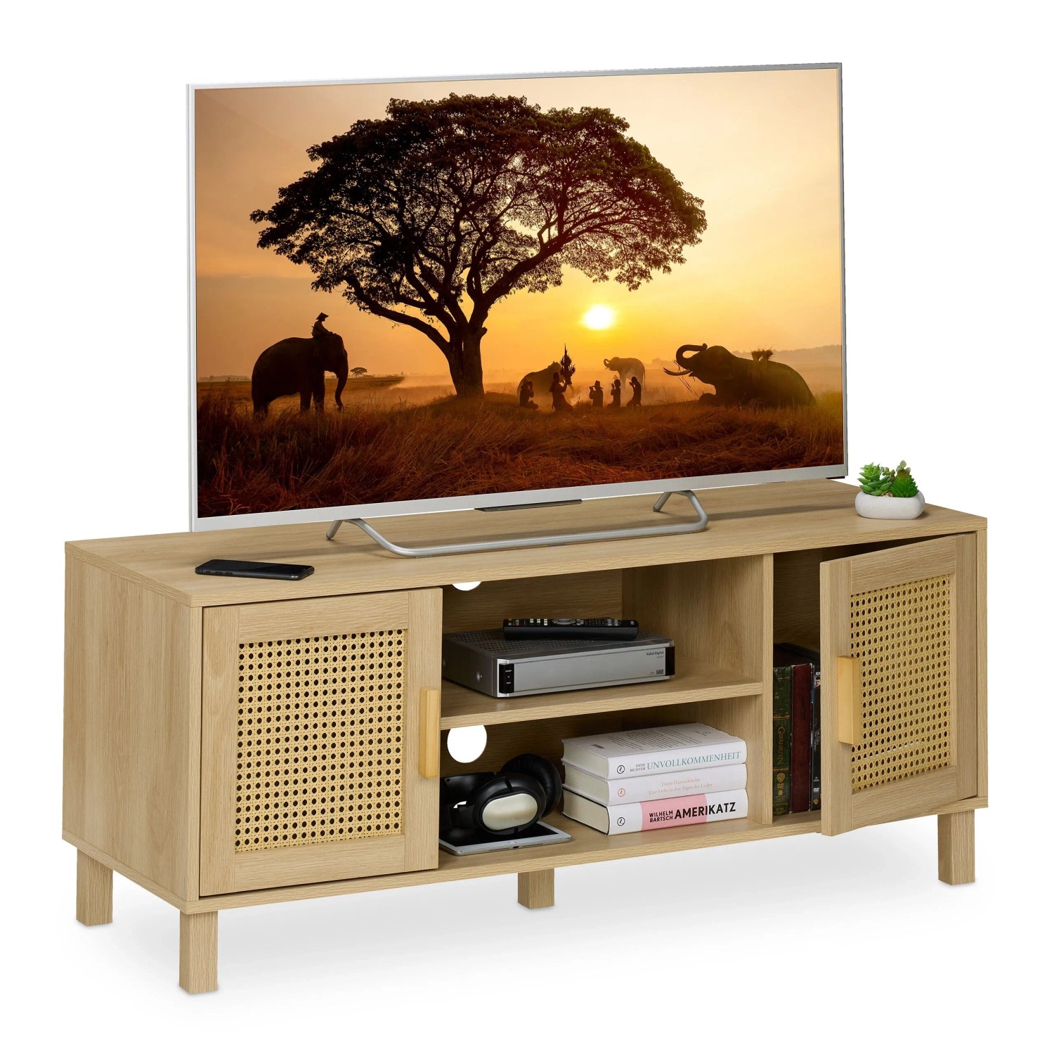 Relaxdays TV-Lowboard MDF Spanplatte Natur Rattan-Design Kabelführung 48 cm x 115 cm x 40 cm 19 kg