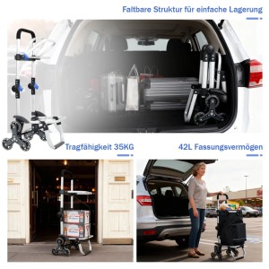 Sekey 3-in-1 Einkaufstrolley Treppensteiger, schwarz, mit Kühlfach und Spanngurt, faltbar.