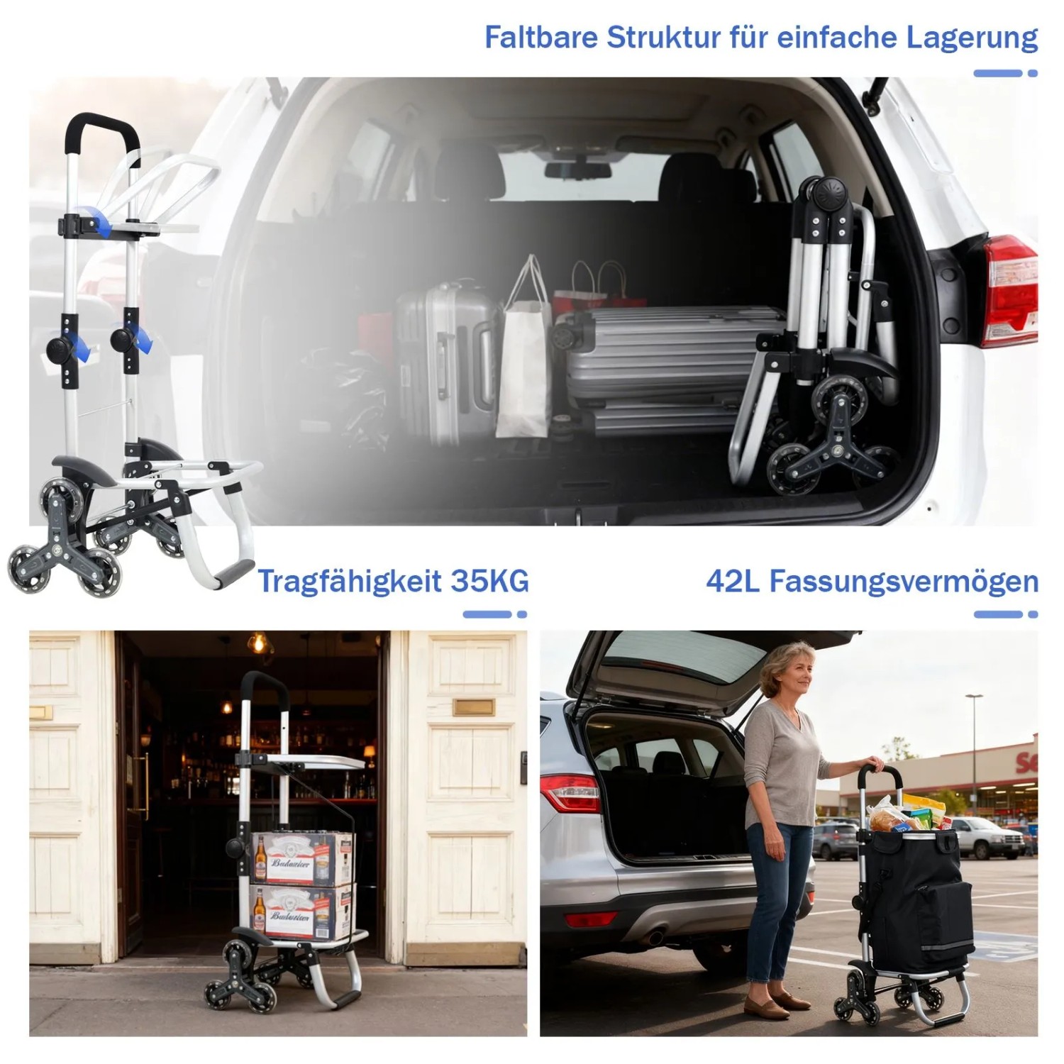 Sekey 3-in-1 Einkaufstrolley Treppensteiger, schwarz, mit Kühlfach und Spanngurt, faltbar.
