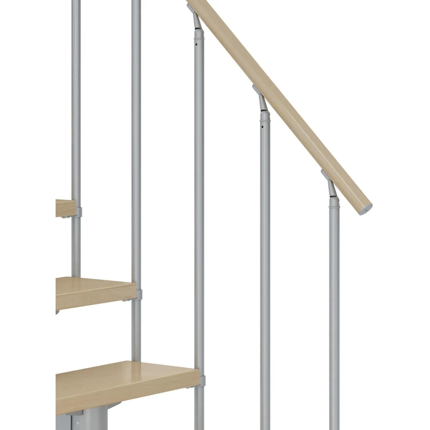 Detailansicht der Dolle Mittelholmtreppe Cork Ahorn perlgrau mit Holzhandlauf.