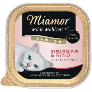 Miamor Milde Mahlzeit Senior, Geflügel & Rind, 100g Packung Spezialfutter für ältere Katzen.