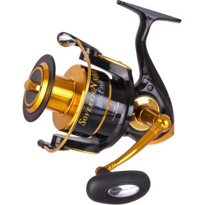 Westline Angelrolle Sovereign Big Fish 80, goldene Spule und schwarzes Gehäuse.