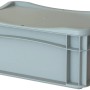 Graue Eurobox-System Box (30x20x7 cm) mit Vollwand zur Aufbewahrung.