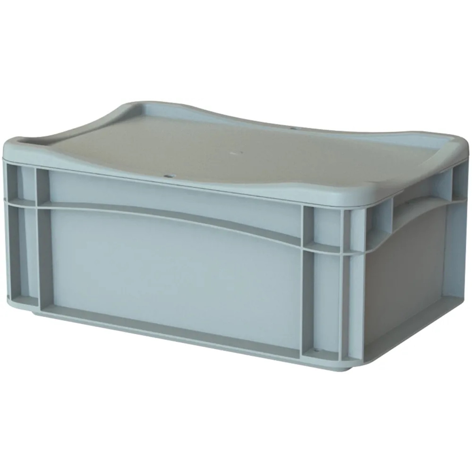 Graue Eurobox-System Box (30x20x7 cm) mit Vollwand zur Aufbewahrung.