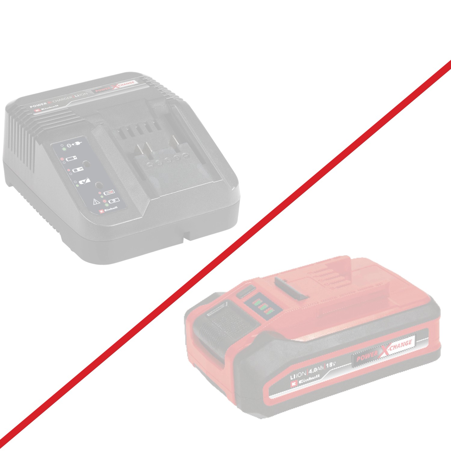 Einhell Power X-Change Akku und Ladegerät (nicht im Lieferumfang).